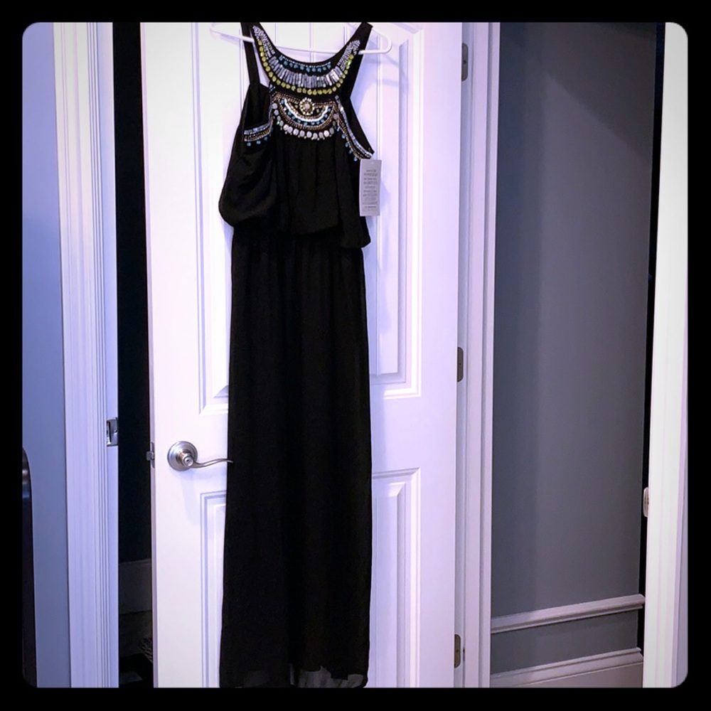 Boston Proper tribal beaded black maxi dress NWT
